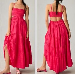 Anthropologie Let Me Be Cutout Tiered Maxi Dress Hot Pink XSP
